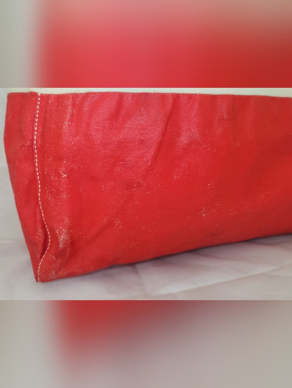Tory Burch Cream and Red Canvas Tote with Tan Leather Trim Nearly PERCECT - Picture 7 of 13